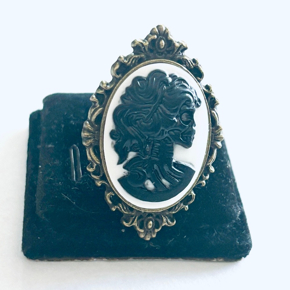 White and Black skeleton lady cameo Victorian style adjustable ring